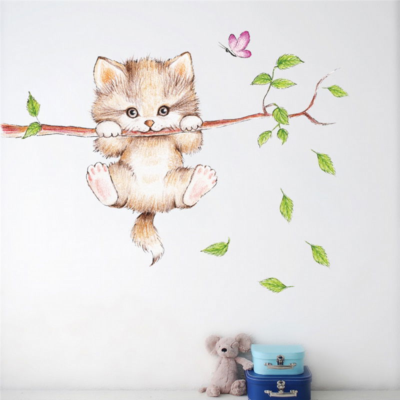 cute cat butterfly tree branch wall stickers for kids rooms cute cat butterfly tree branch wall stickers for kids rooms