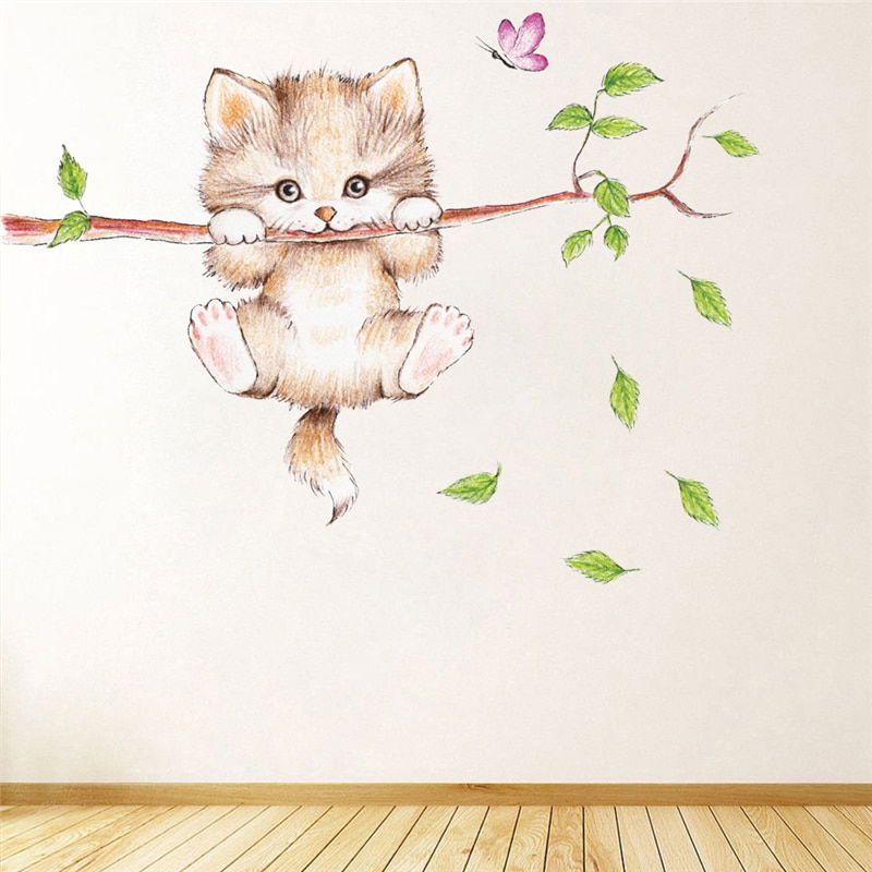cute cat butterfly tree branch wall stickers for kids rooms cute cat butterfly tree branch wall stickers for kids rooms